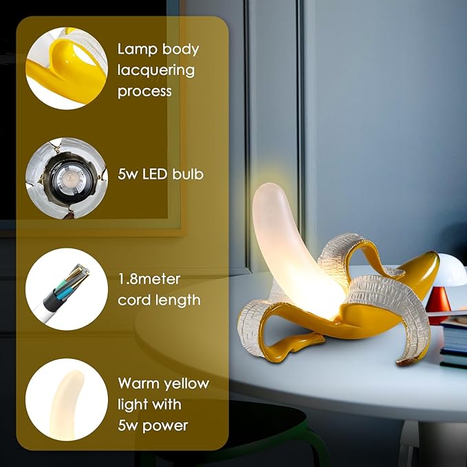 Modern Banana Table Lamp, Desk Lamp,Led Night Light Baking Finish Resin Banana Lighting Fixture for Living Room, Bedroom,Home Office,Kids Room (Sitting)