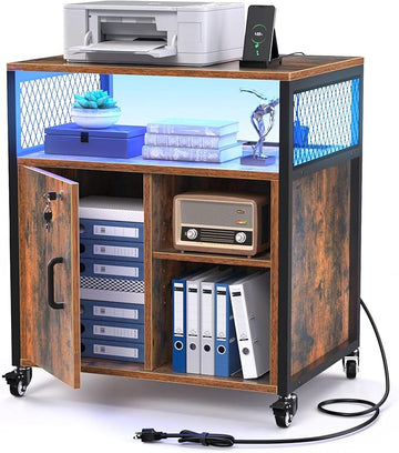 LED Rolling Wheels Filing Cabinet with Lock, File Cabinets with Charging Station, Printer Stand with Storage for Office Home, A4 Letter Size File Folders