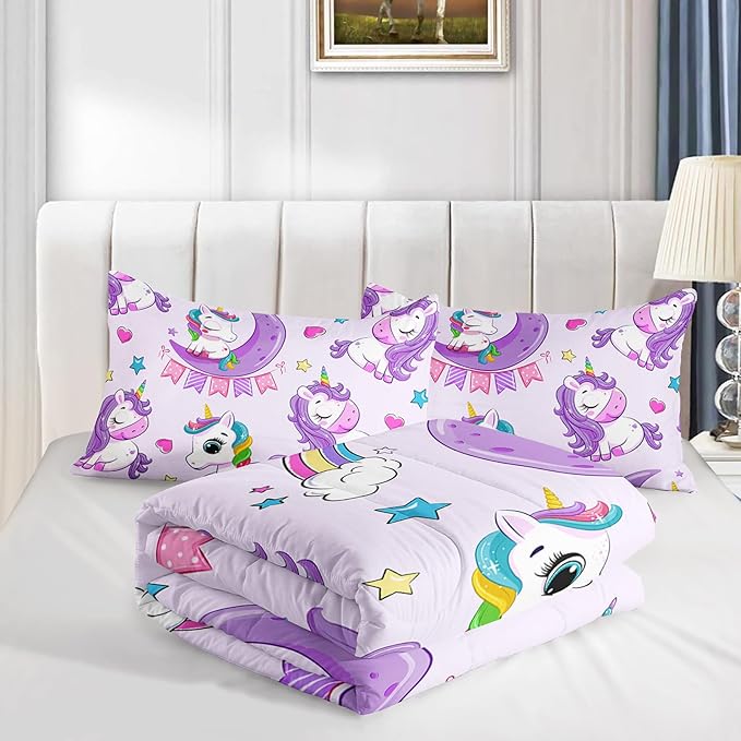 Axolotl Purple Unicorn Comforter Set Twin Size,Girls Bedding Set,Cute Unicorn Rainbow Bedding Set with Stars for Kids Girls Teens Adults Women,1 Comforter with 2 Pillowcase Unicorn Gifts for Girls