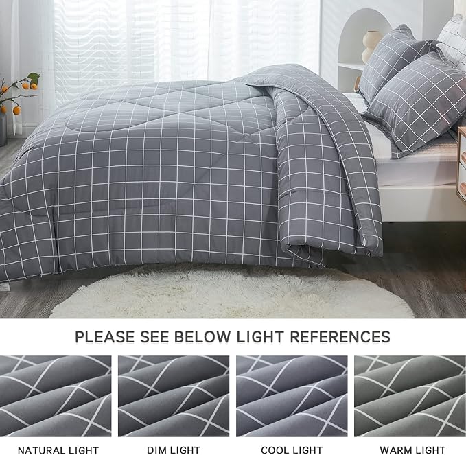 Andency Grey Grid Comforter Twin Size(66x90 inch), 2 Pieces (1 Comforter and 1 Pillowcase), Summer Lightweight Microfiber Down Alternative Bedding Comforter Sets with White Lines for Kids Boys Girls