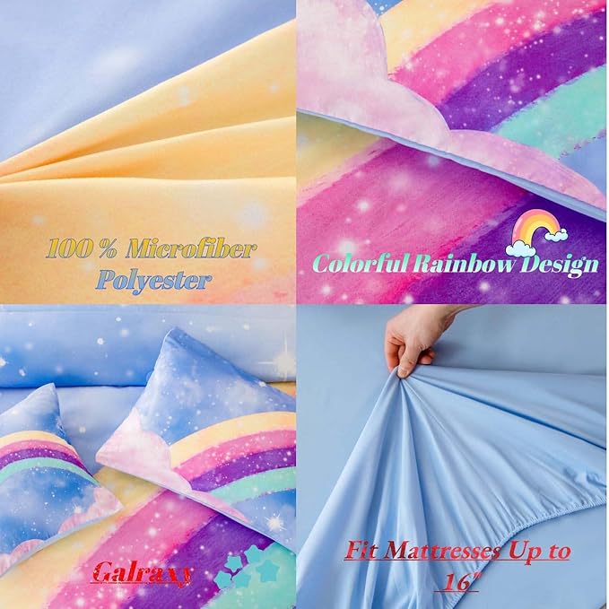 Aqua Blue Full Size Kids Comforter Sets for Girls, 6Pcs Colorful Rainbow Gradient Bedding Set, 3D Glitter Galaxy Bed in A Bag with Comforter, Sheets and Pillowcases for Teens