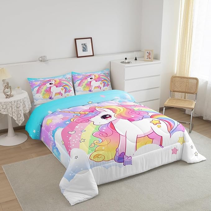 Manfei Cute Unicorn Kids Comforter Set Twin Size,Rainbow Stars Cloud Dreamy Bedding Set,Girls Women Room Decor,Cartoon Animals Castle Girly Down Comforter,Pink Blue Unique Duvet Insert,1 Pillowcase