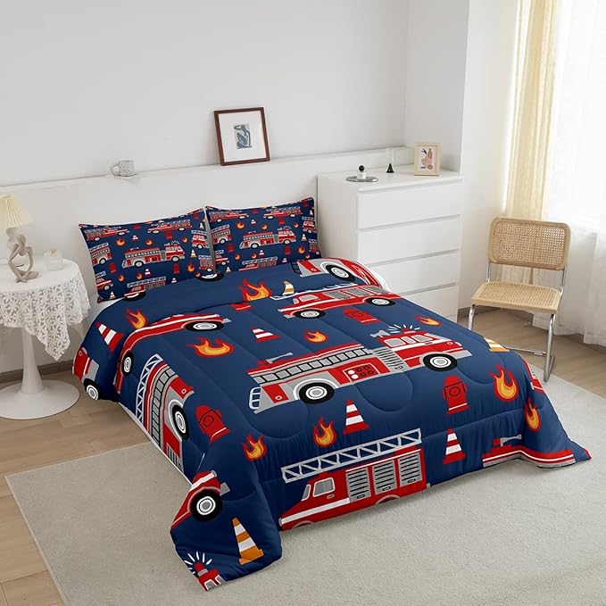 Cartoon Car Bedding Set Fire Truck Comforter Set for Kids Boys Girls Teens Room Decor Firefighter Comforter Firemen Car Vehicle Fire Engine Blue Red Duvet Set 2Pcs Twin Size