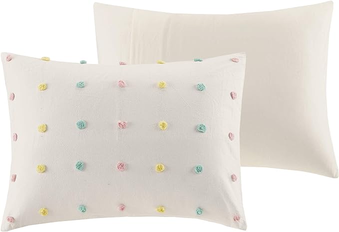 Callie Cotton Jacquard Weave Colorful Pom Pom Kids Comforter sets, Down Alternative Shabby Chic All Season Girls Bedding, Bedroom Decor, Full/Queen, Multi 5 Piece