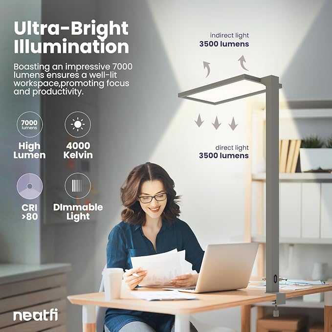 Neatfi 7000 High-Lumens Premium LED Desk Lamp - Touch Controlled, Clamp-on, UltraBright, 4000K Color Temperature, 70W Dimmable Light, Adjustable Head for Home Office and Study (25 Inches, Gray)