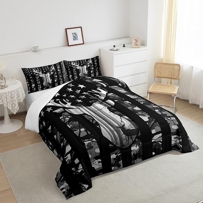 Camo American Flag Comforter Set Full,Deer Antlers Silhouette Bedding Set,Black Grey Camouflage Quilt Set 3 Pcs for Kids Teens Adults Room Decor, Wild Animal Natural Duvet Insert with 2 Pillowcases