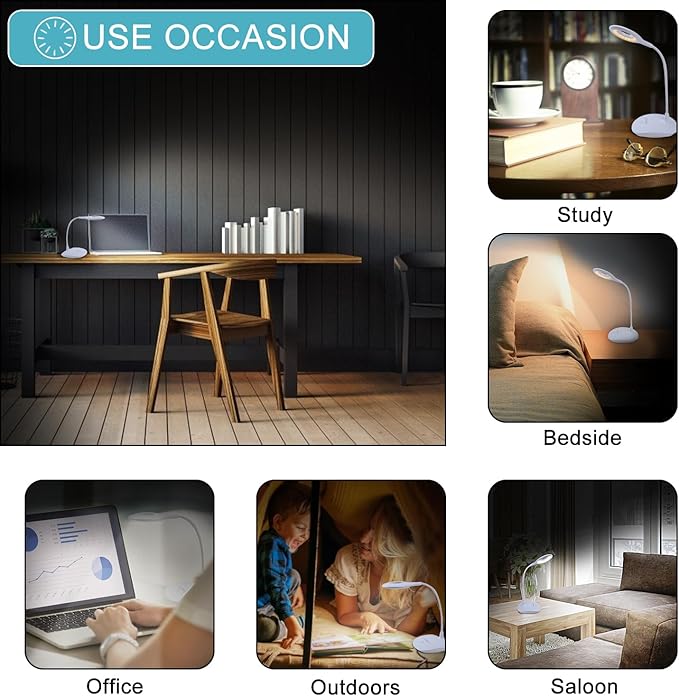 LED Desk Lamp Dimmable Table Light, 3 Modes, Stepless Brightness, Sensitive Control, Flexible 360° Adjustable Eye-Caring Office Read Lamp, Cordless USB Desk Light, White