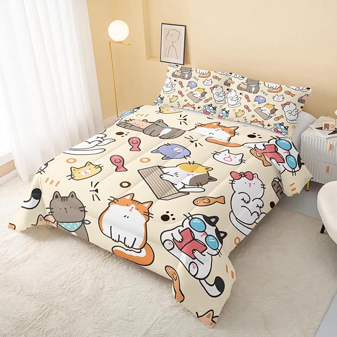 Kawaii Cat Comforter Queen,Kawaii Animals Comforter Set for Kids Teens Girls,3Pcs Bedding Set Printed Comforter with 2 Pillowcases,Down Alternative,Soft and Lightweight，Queen Size