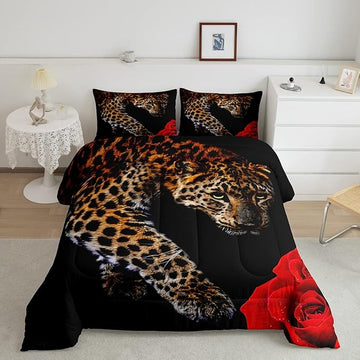 Erosebridal Red Rose Cheetah Comforter Set Full Size Leopard Print Comforter Rose Flower Down Comforter for Kids Boys Girls Youth Men Women African Savanna Wildlife Animal Theme Duvet Set, Red Black