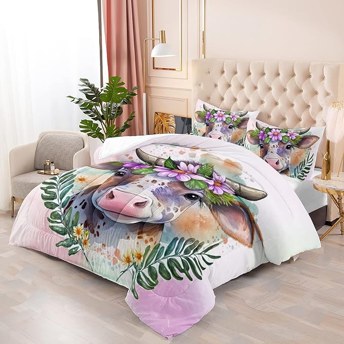CVHOUSE Kawaii Cow Comforter Set Full Size,Cute Pink Cow Bedding Set for Girls Kids,Kawaii Cow Quilt Set Pink Cow Duvet Set Girl's Bedroom Decor 3 Pieces