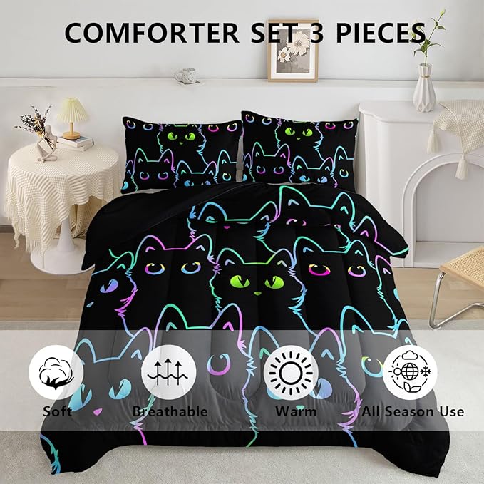 Axolotl Kids Bedding Cartoon Cat Comforter Set Queen Size,Gradient Line Cute Cat Bedding Set for Teens Kids Boys Girls Adults Room Decor,Kids Comforter Set All Season,1 Comforter 2 Pillow Cases,Black