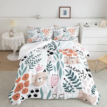 Cat Bedding,Cartoon Cat Comforter Twin,Animals Print Comforter Set for Kids,Kawaii Quilt Set with 1 Comforter and 2 Pillow Cases