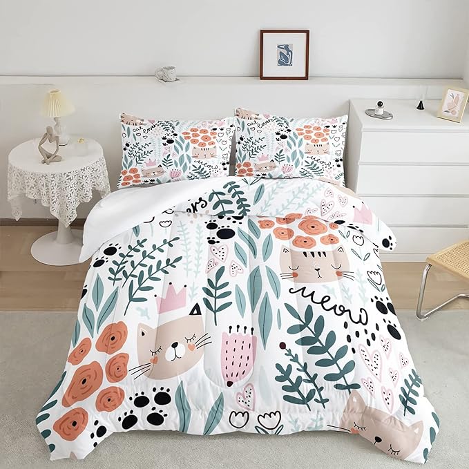 Cat Bedding,Cartoon Cat Comforter Twin,Animals Print Comforter Set for Kids,Kawaii Quilt Set with 1 Comforter and 2 Pillow Cases