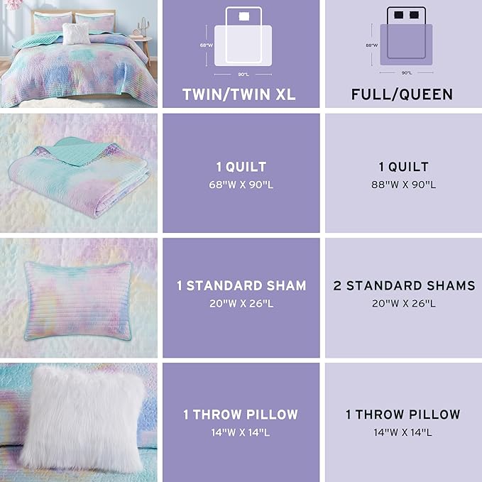 Intelligent Design Twin Quilt Set Boho Quilt Set, Watercolor Tie-Dye Coverlet Set, Casual & Trendy Quilted Lightweight Bedspread, All Season Bed Set, Sham, Cassiopeia, Twin/Twin XL, Pink/Blue 3 Piece