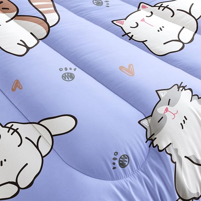Datura home Purple Kawaii Cat Comforter Bedding Set for Girls Kitten Purple Print Cute Animal Pattern with 1 and 2 Pillowcases Bedroom All Season(Cat Purple Twin), Twin 68x86inches