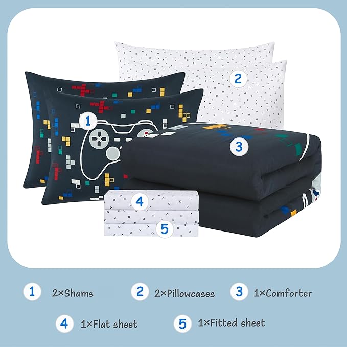 KALEIDOSPACE Gamer Bedding Sets for Boys Girls, Glow in The Dark 7 Piece Bed in a Bag Full, Ultra Soft Microfiber Kids Bedding for All Season (76"X86")