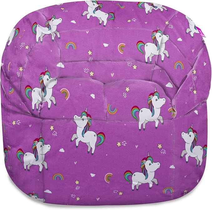 Posh Creations Structured Comfy Bean Bag Chair for Gaming, Reading, and Watching TV, Sonoma Lounge, Canvas - Unicorn and Rainbows on Purple