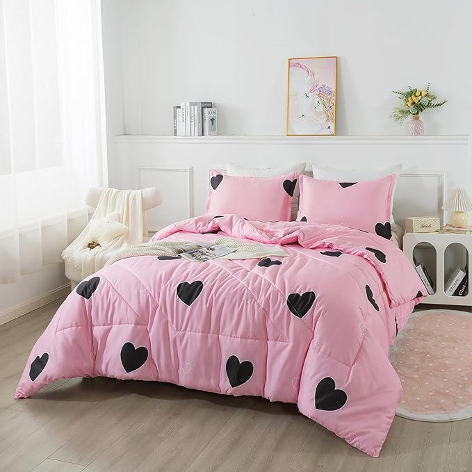 Girls Pink Comforter Set Twin Size, Blush Pink Cute Love Heart Print Sexy Comforter Bedding Set for All Seasons, Geometric Soft Microfiber Comforter Set with Pillowsham