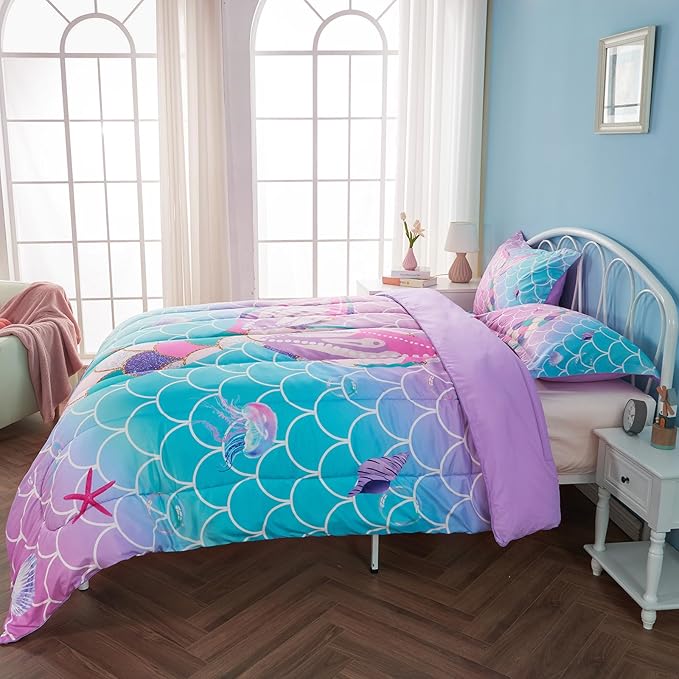 Full Size Comforter Sets for Girls Mermaid Tail Rainbow Scales Bedding Set 3 Pieces Full Comforter with 2 Pillowcases for Kids, Teenagers