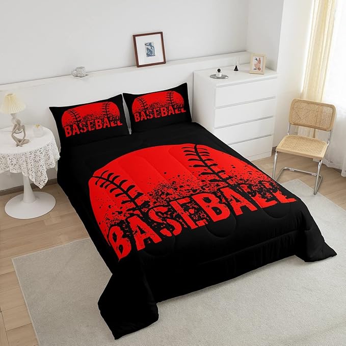 Baseball Comforter Set King Size Kids Red Black Sports Quilt Bedding Set For Boys Girls,Reversible Black Bedding Comforter Sets Soft Lightweight For All Season,1 Comforter And 2 Pillow Cases