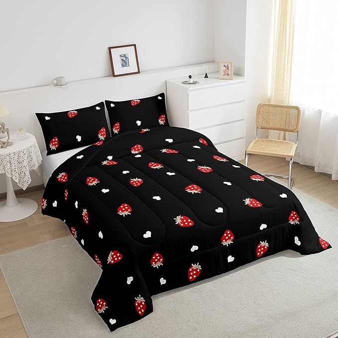 Kawaii Bedding Strawberry Comforter Set King Size Strawberry Decor Down Comforter Red Strawberry Bedding Set Cute Fruits Theme Sweet Strawberry Quilt Set Soft Reversible with 2 Pillowcases, Red Black