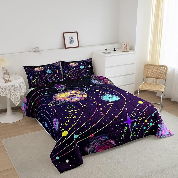 Feelyou Solar System Comforter Set King Size Outer Space Comforter for Kids Teens Adults Universe Planets Bedding Set Cute Astronaut Purple Duvet Set Room Decor 3Pcs with 2 Pillow Case