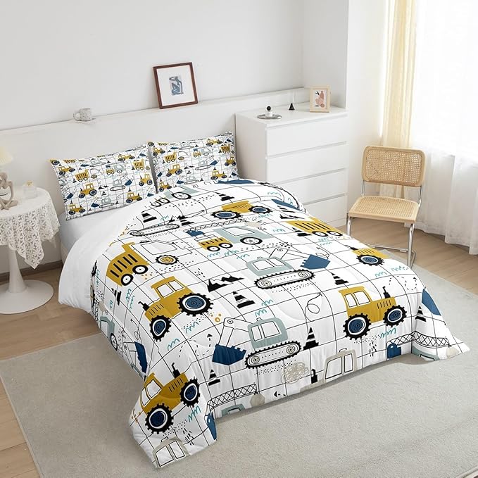 Construction Comforter Set Full Size Kids Excavator Tractor Toddler Comforter Cartoon Car Equipment Trucks Plaid Grid Comforter Set Construction Vehicles White Yellow Duvet Set