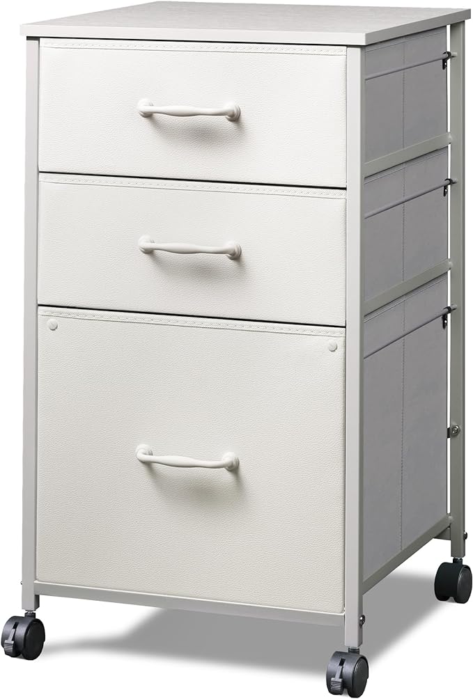 DEVAISE Mobile File Cabinet, Rolling Printer Stand with 3 Drawers, Fabric Vertical Filing Cabinet fits A4 or Letter Size for Home Office, White