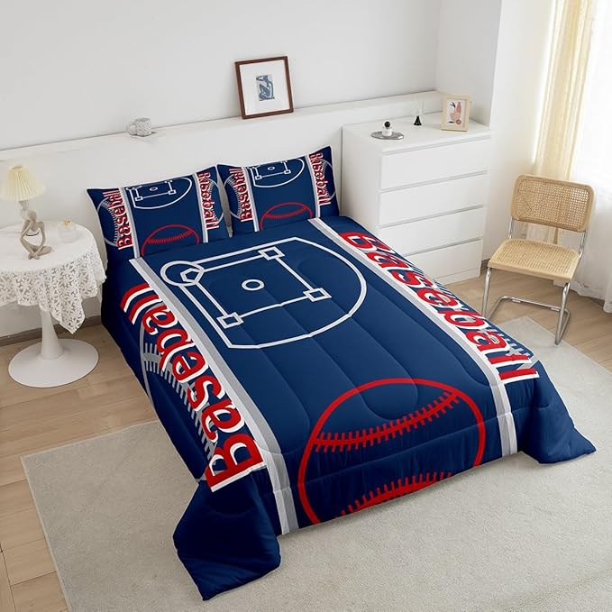 Feelyou Baseball Print Bedding Set Twin Size Sports Game Comforter Set for Kids Boys Girls Decor Baseball Gaming Comforter Microfiber Ball Duvet Set Bedroom Quilt Set