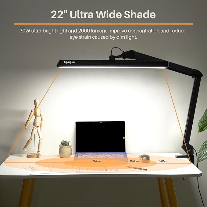 LED Architect Desk Lamp, 2500 Lumens, Dimmable, Metal Swing Arm, 5 Color Temperatures, 30W, Ideal for Task Work, Drafting, Reading, Clamp-on Office Table Lamp with 324 Bright LEDs(Black)