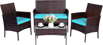 Patio Furniture Set,4 Piece Garden Conversation Set, Outdoor Wicker Rattan Table and Chairs, Black Patio Set, Sectional Sofa with Thick Cushion for Garden, Yard, or Porch (Brown/Blue)