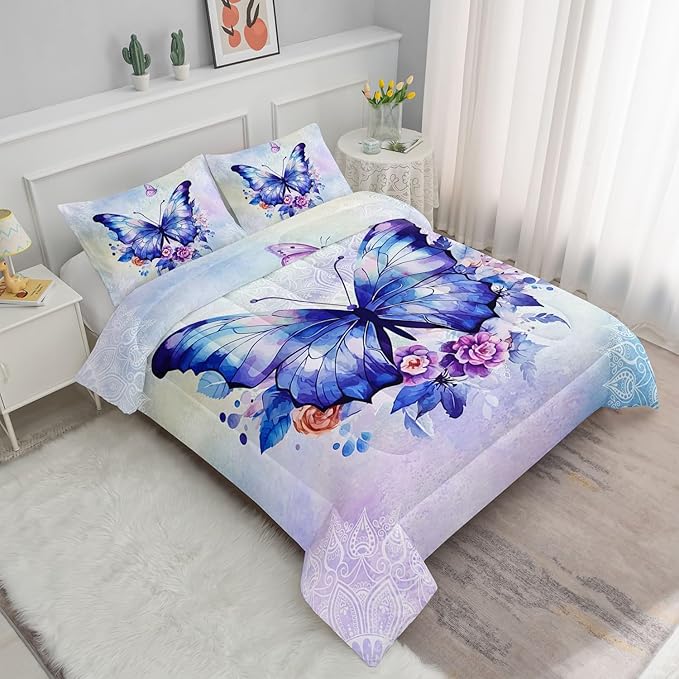 Datura home Kids Comforter Set Butterfly Printed Pattern Bedding Set with 1 Comforter and 2 Pillowcases for Girls Boys Bedroom All Season(Butterfly3 Full)