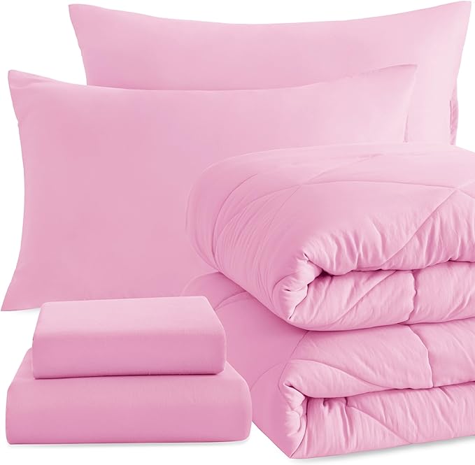 NTBAY Twin Comforter Set with Sheets, 5 Pieces Soft and Breathable Twin Bedding Set, Twin Bed in a Bag, Down Alternative Comforter Set Solid Color All Season, Kids Bedding Set, Pink