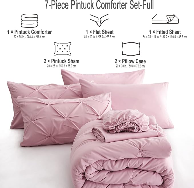 Ubauba 7pc Full Size Comforter Sets with Sheets for Girls, Pinched Pleat 7 Piece Bed in a Bag Blush Bed Set with Comforter, Pintuck All Season Bedding Sets (Pink,Full)