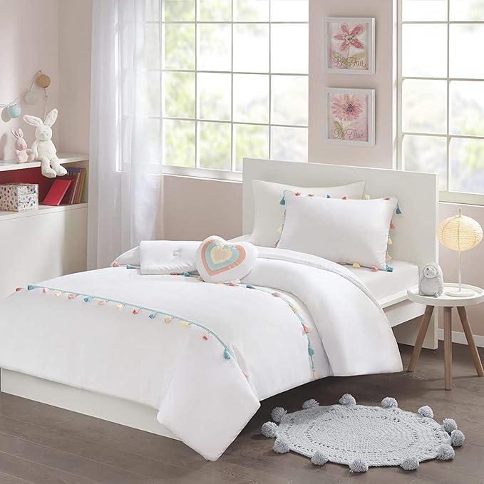 Mi Zone Kids Tessa Cozy Comforter Set, Colorful Fun Design All Season Children Bedding Girls Bedroom Décor, Full/Queen, White with Colorful Tassel 4 Piece
