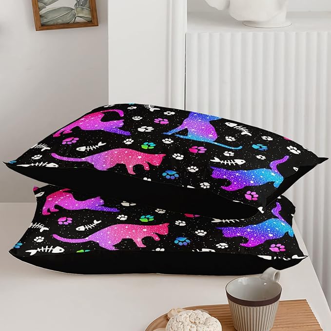 Cute Cat Comforter Kids Bedding Set Queen,3Pcs Soft Paw Fish Bone Print Quilt Set Bed in A Bag with 1 Comforter 2 Pillowcases for Kids Boy Girls Teens Adults Room Decor All Season Gradient Purple Blue