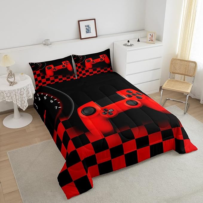 Gaming Comforter for Boys Teen,Game Controller Bedding Set for Kids,Down Alternative Comforter for All Season,Gamer Home Decor for Young Man Comforter Set with Buffalo Check Plaid Duvet Quilted,Queen