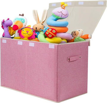 popoly Large Toy Box Chest Storage with Flip-Top Lid, Collapsible Kids Storage Boxes Container Bins for Childrens Toys, Playroom Organizers, 25"x13" x16" (Linen Pink)