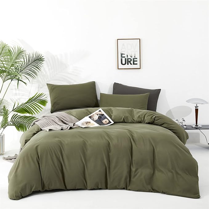 Olive Green Comforter Set Cal King Size Solid Green Comforter 3 Pieces Soft Dark Green California King Comforter Bedding Set Women Pure Olive Green Cal King Bed Comforter Set for All Season