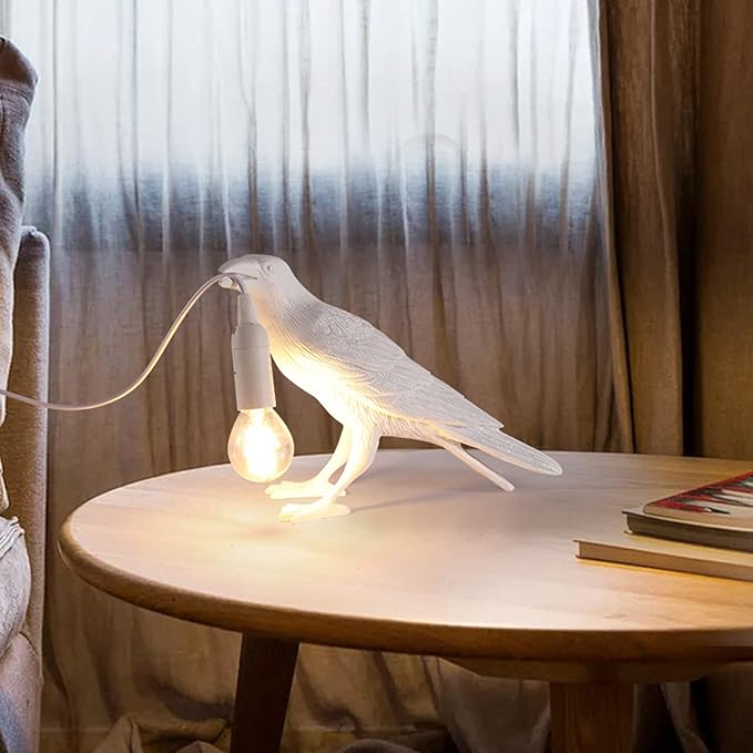 Raven Desk Lamp, Raven Lamp, Bird Lamp, Resin LED Bird Lamp for Bedroom/Office/Living Room/Farmhouse Art Deco with Plug (White)