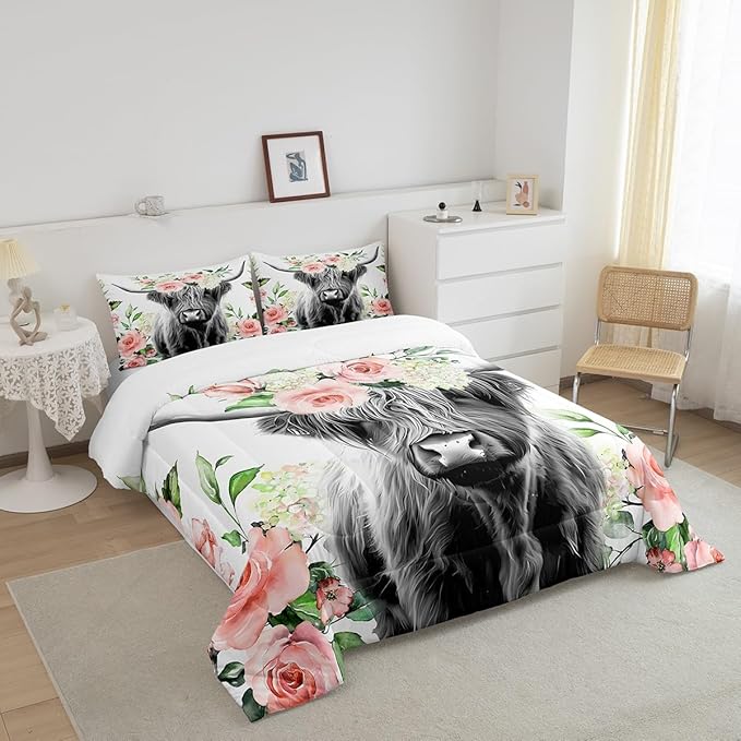 Highland Cow Bedding Set Kids Rose Floral Bull Cattle Comforter Set for Girls Teens Western Wildlife Animal Comforter Farmhouse Duvet Set Room Decor Quilt Set Full Size