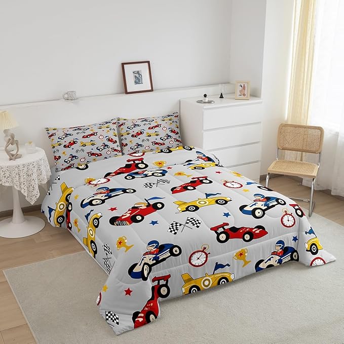 Feelyou Kids Cartoon Car Comforter Set Twin Size Racing Car Bedding Set for Boys Girls Teen Kids Children Home Decor Racing Car Comforter Race Cars Quilt Bed Set Red Grey Bedding Set for All Season