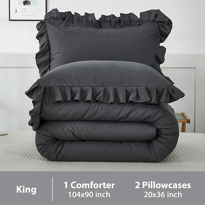 Andency Dark Gray King Comforter Set(104x90Inch), 3 Pieces(1 Ruffle Comforter and 2 Pillowcases) Lightweight and Fluffy Bedding Comforter Set, All Season Soft Microfiber Shabby Chic Bedding Set