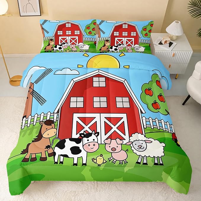 Farm Animals Comforter,Farmhouse Comforter Set for Kids Teens Girls Boys,Cartoon Animals 3Pcs Bedding Set Printed Comforter with 2 Pillowcases,Down Alternative,Soft and Lightweight，Twin Size