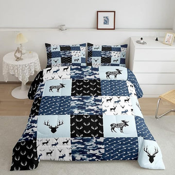 Cute Deer Comforter Set Queen, Military Camo Bedding Set for Kids Boys Teens Bedroom Tribal Animal Antlers Silhouette Quilted Comforter Checkered Plaid Arrows Bedding Comforters, Army Blue and White