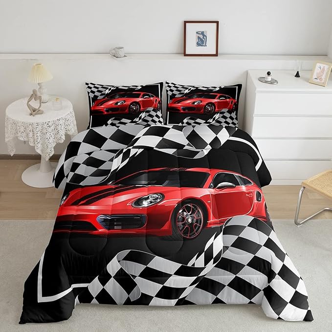 Red Race Car Comforter Set Twin Size, Black White Lattice Bedding Set 2pcs for Kids Boys Teens Room Decor,Extreme Sport Games Quilt Set,Cool Modern Duvet Insert with 1 Pillowcase