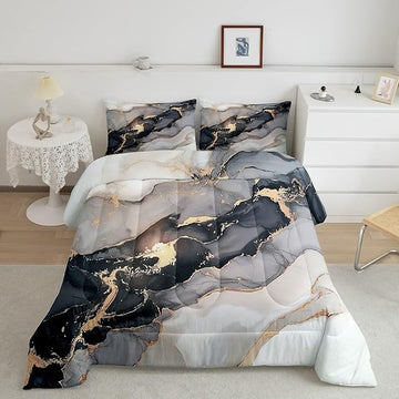 Erosebridal Black Marble Bedding Set Twin,Black and Grey Marble Comforter Set Men Teens Boys Modern Gray Orange Abstract Art Tie Dye Down Comforter Kids Gothic White Gold Marble Duvet Insert Soft