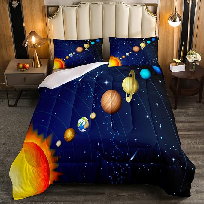 Erosebridal Boys Outer Space Bedding Set, Kids Galaxy Nebula Comforter Set Queen Size, Starry Sky Cosmos Down Comforter for Children Girls, Solar System Starry Landscape Quilted Duvet, Blue Purple