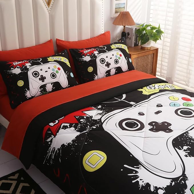 Wajade Kids Game Comforter Set Bed in A Bag Twin Size 7 Piece 3D Colorful Video Game Controller Bedding Set for Boys Girls (1 Comforter, 1 Flat Sheet, 1 Fitted Sheet, 2 Pillowcase and 2 Pillow Sham)