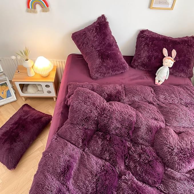 Faux Fur Kids Girls Grape Purple Comforter Sets King - 3PC Bed Set Warm Comfortable Soft Plush Flannel Velvet Fluffy Fuzzy Bedding（Comforter x 1 Pillowcases x 2）
